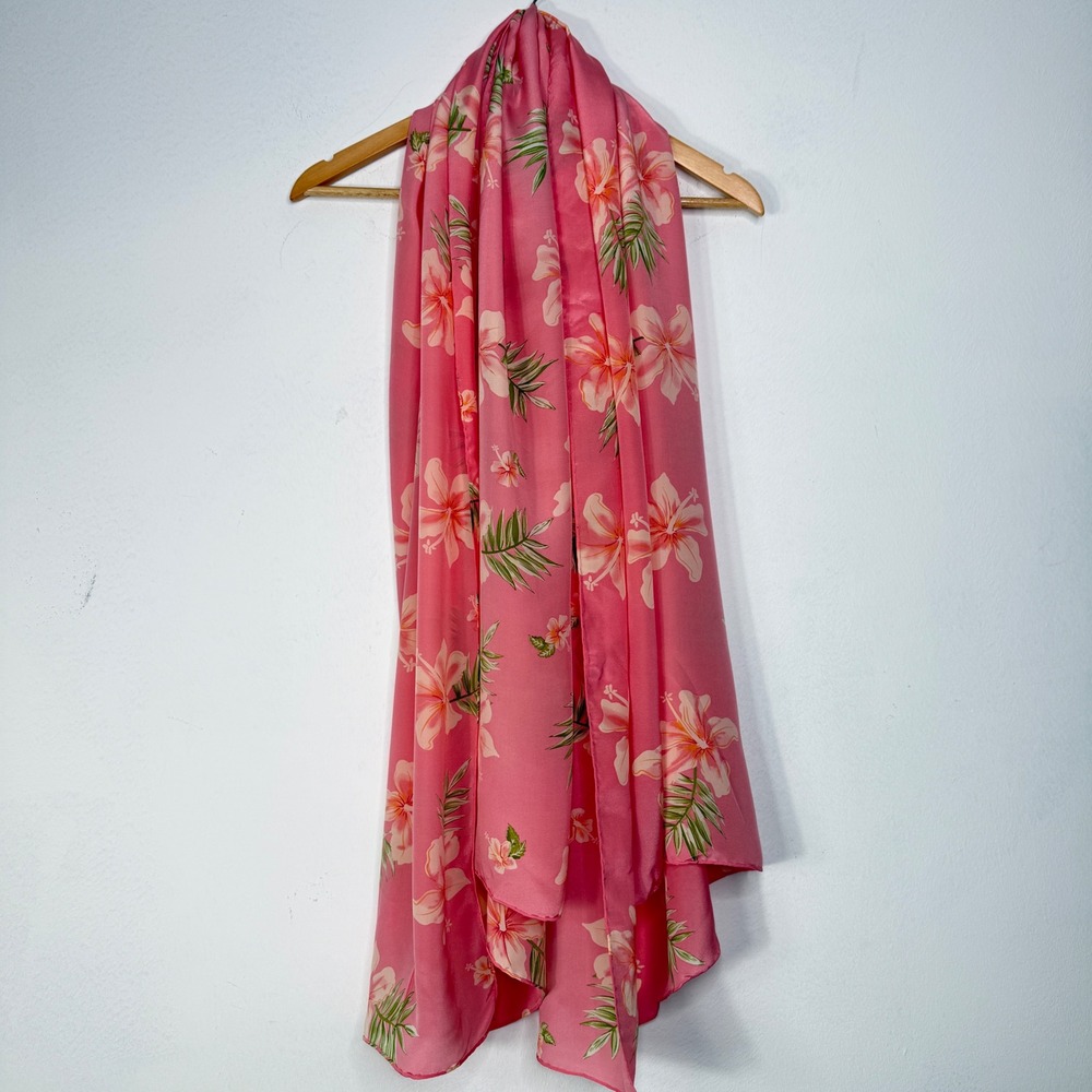 Pineapple Moon Womens OS Tropical Crepe Scarf Wrap Pink Hibiscus Hand Roll - Picture 5 of 13